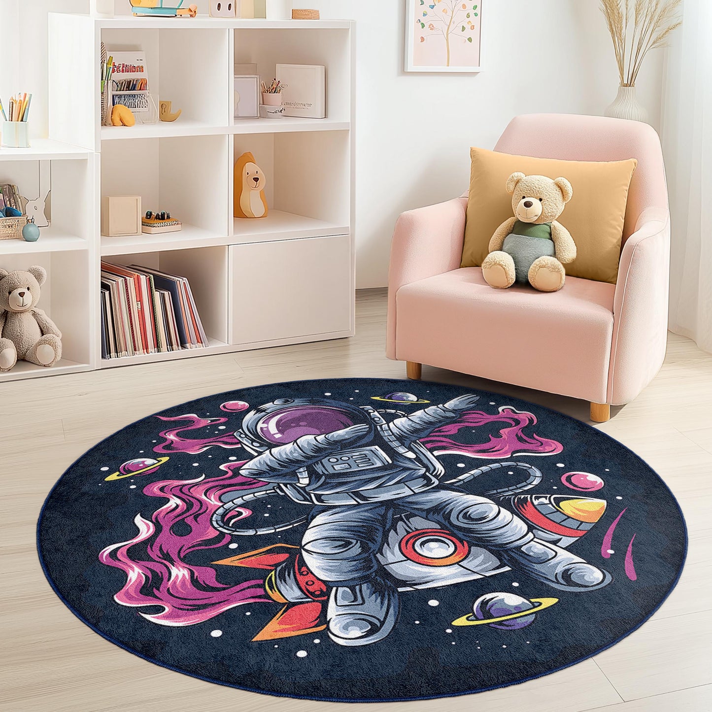Runder Kinderteppich „Astronautenabenteuer“, Spielmatte mit Weltraummotiv, Weltraumdeko, Galaxie-Kinderzimmerteppich, lustiger Kinderteppich