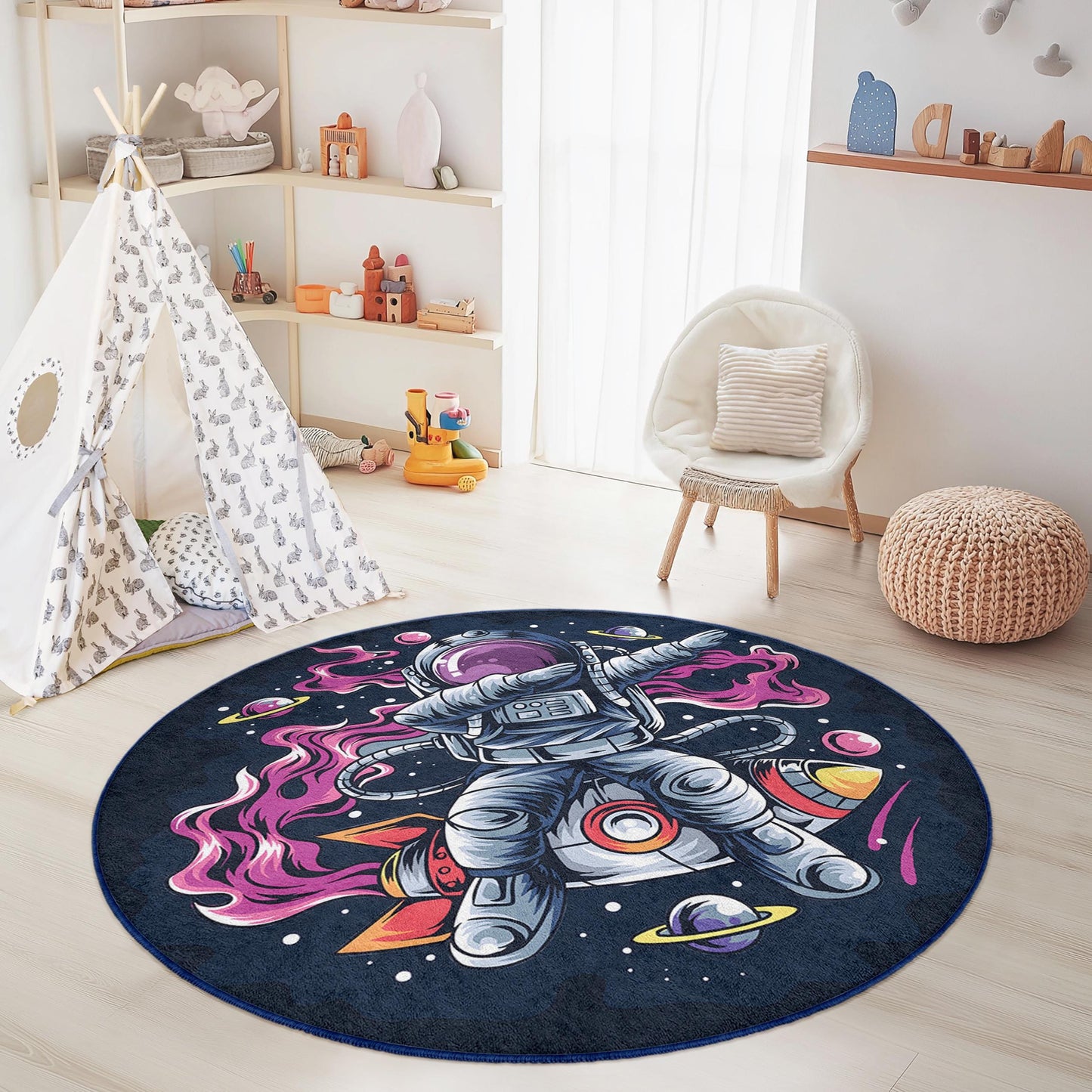 Runder Kinderteppich „Astronautenabenteuer“, Spielmatte mit Weltraummotiv, Weltraumdeko, Galaxie-Kinderzimmerteppich, lustiger Kinderteppich