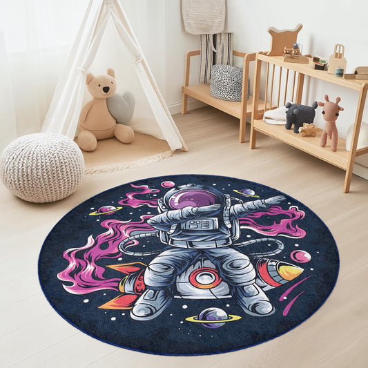 Astronaut Adventure Round Kids Rug, Space Theme Play Mat, Outer Space Decor, Galaxy Kids Room Carpet, Fun Childrens Rug