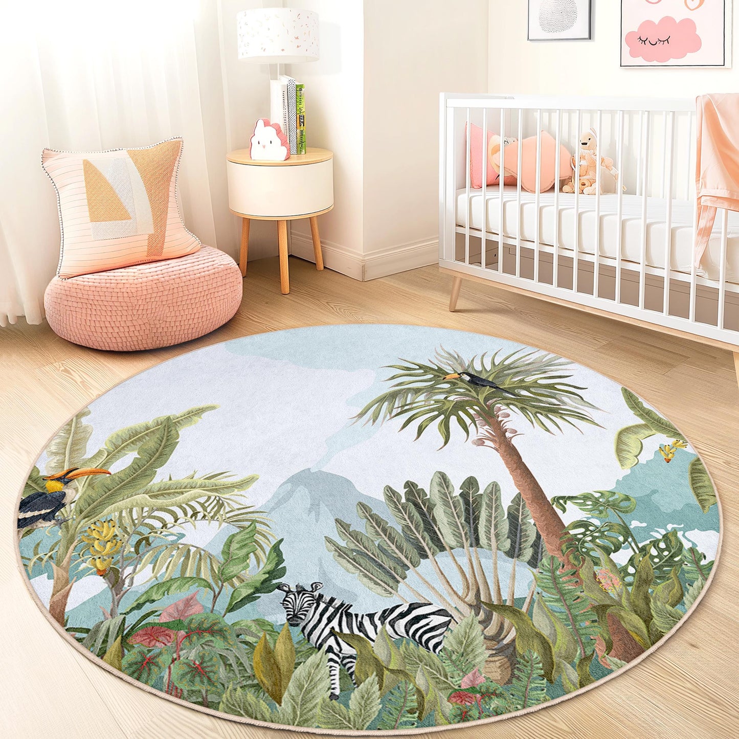 Tropical Jungle Round Kids Play Rug, Jungle Animal Kids Rug, Round Nursery Decor, Soft Play Mat, Kids Room Carpet