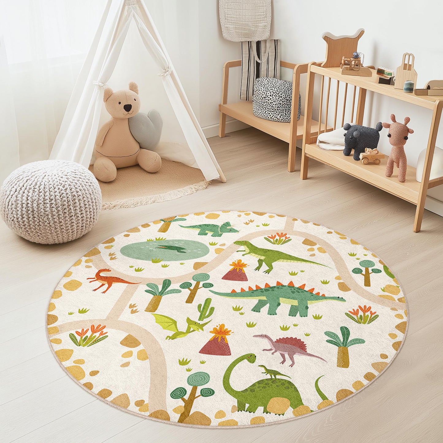Runder Dinosaurier-Spielteppich für Kinder, interaktive Dino-Matte, weiche Kinderzimmerdekoration, Spielzimmerteppich, Kinderzimmer-Essentials