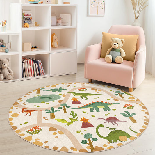 Dinosaur Adventure Round Kids Play Rug, Interactive Dino Mat for Children, Soft Nursery Decor, Playroom Carpet, Kids Room Essentials