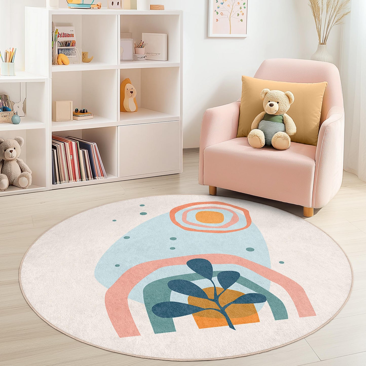 Bunter, abstrakter runder Kinderteppich, verspielter Kinderzimmerteppich, moderner runder Teppich, niedliche Kinderzimmerdekoration, einzigartige runde Spielmatte