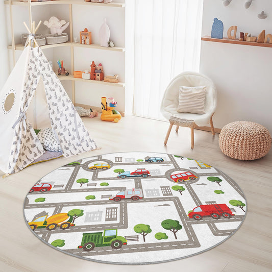 Colorful City Roads Round Kids Play Rug, Play Mat for Children, Nursery Decor, Interactive Kids Carpet, Road Map Rug