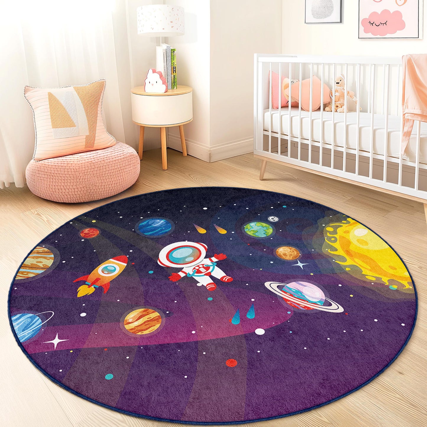 Runder Kinderteppich mit Weltraum-Motiv, Astronauten-Deko, Galaxie-Teppich, Spielzimmerteppich, Kinderzimmerteppich, Kinderzimmerdekoration