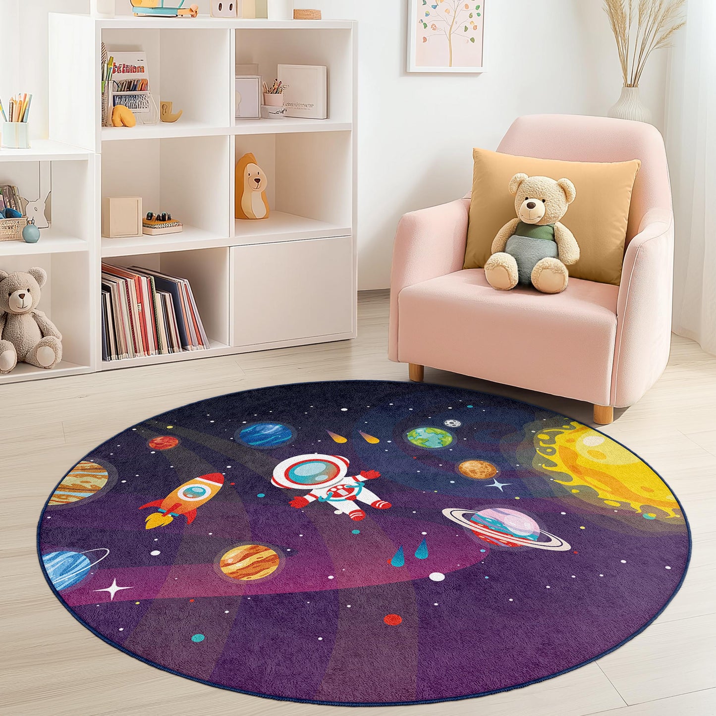 Runder Kinderteppich mit Weltraum-Motiv, Astronauten-Deko, Galaxie-Teppich, Spielzimmerteppich, Kinderzimmerteppich, Kinderzimmerdekoration