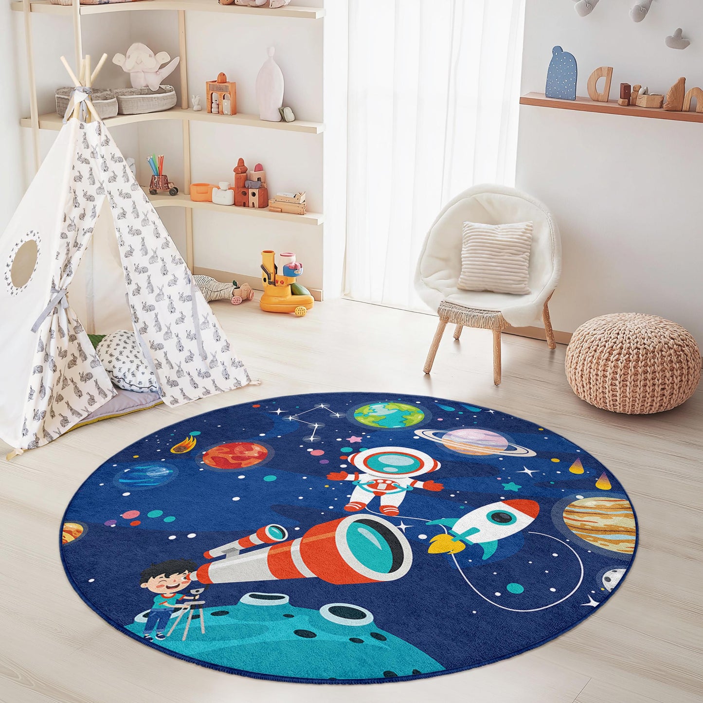 Runder Spielteppich für Kinder mit Weltraum-Motiv, Astronauten-Kinderteppich, Galaxie-Teppich, Spielzimmer-Dekoration, Kosmischer Teppich für Kinder