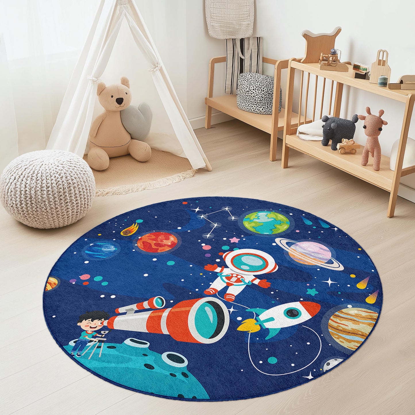 Runder Spielteppich für Kinder mit Weltraum-Motiv, Astronauten-Kinderteppich, Galaxie-Teppich, Spielzimmer-Dekoration, Kosmischer Teppich für Kinder