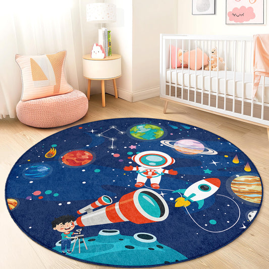 Space Adventure Round Kids Play Rug, Astronaut Kids Rug, Galaxy Themed Carpet, Playroom Decor, Cosmic Rug for Children