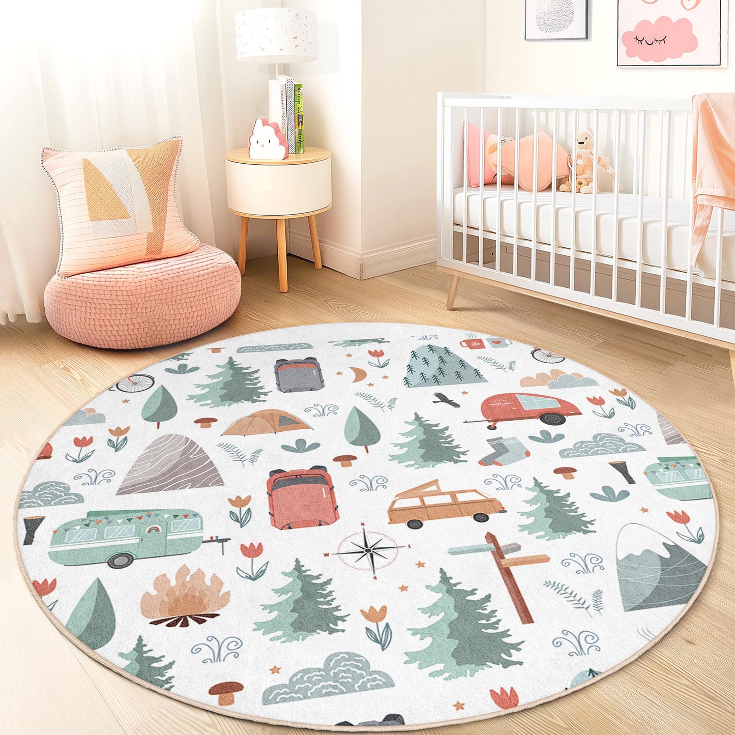 Runder Spielteppich mit Abenteuer-Camping-Motiv für Kinder, Naturmotiv, weicher runder Teppich für Kinderzimmer, Kinderzimmerdekoration, Spielzimmerteppich