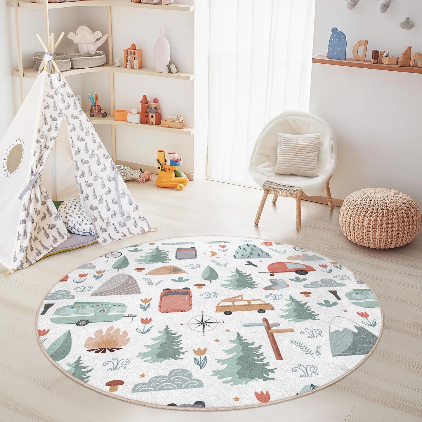 Adventure Camping Round Kids Play Rug, Nature Themed Rug, Soft Round Rug for Kids Room, Nursery Decor, Playroom Carpet
