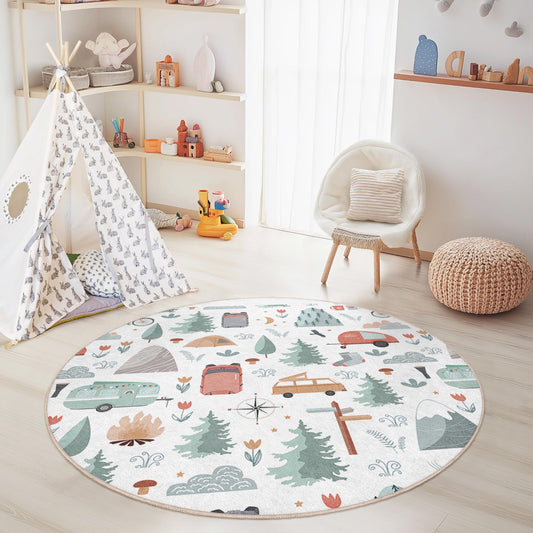 Adventure Camping Round Kids Play Rug, Nature Themed Rug, Soft Round Rug for Kids Room, Nursery Decor, Playroom Carpet