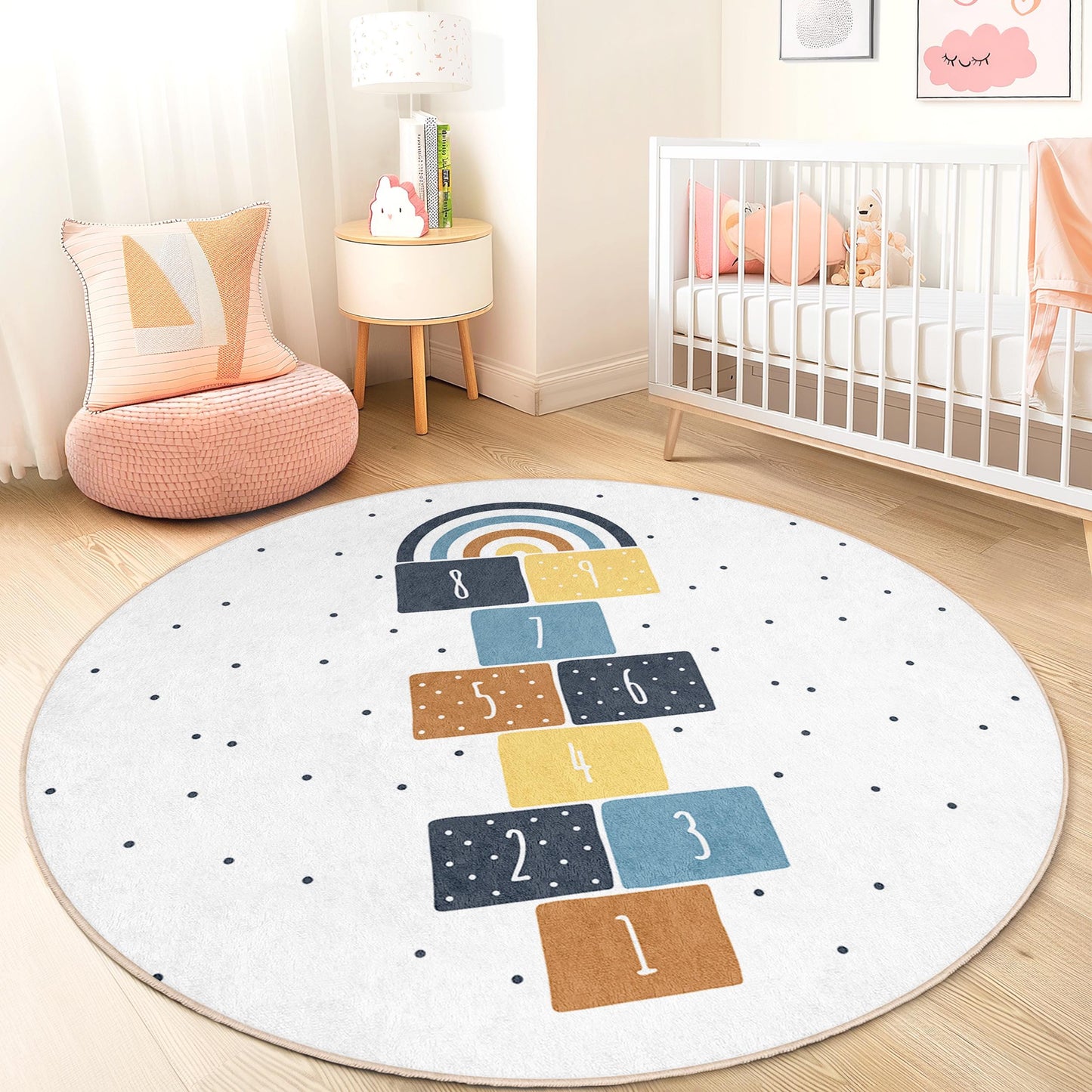 Runder Regenbogen-Hüpfspiel-Kinderteppich, bunte Spielmatte fürs Kinderzimmer, weicher Kinderzimmerteppich, interaktiver Lernteppich