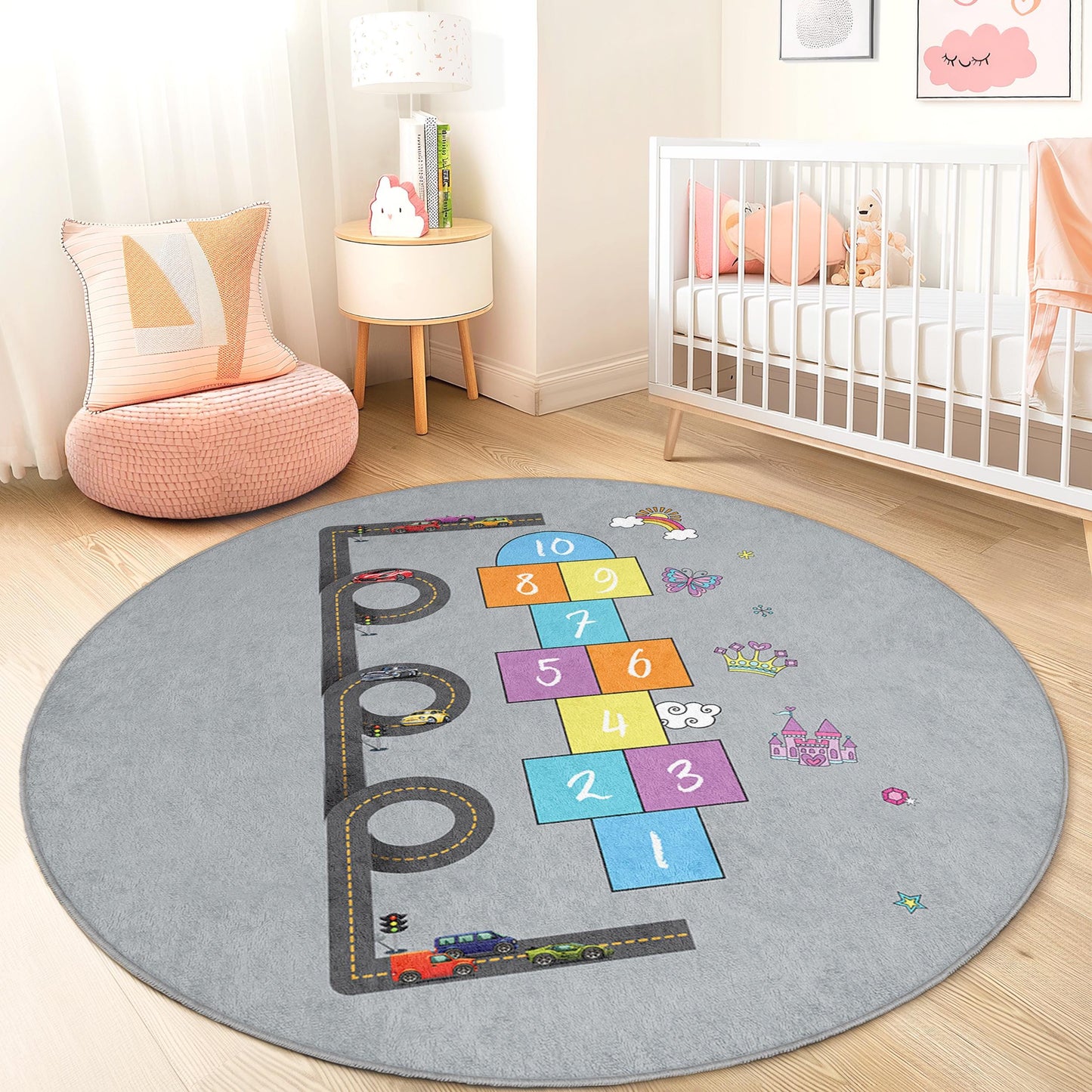 Runder Kinderteppich mit Hüpfspiel-Motiv, interaktive Spielmatte für Kinder, Spielzimmerdekoration, weicher Kinderzimmerteppich, lustiger Teppich fürs Kinderzimmer
