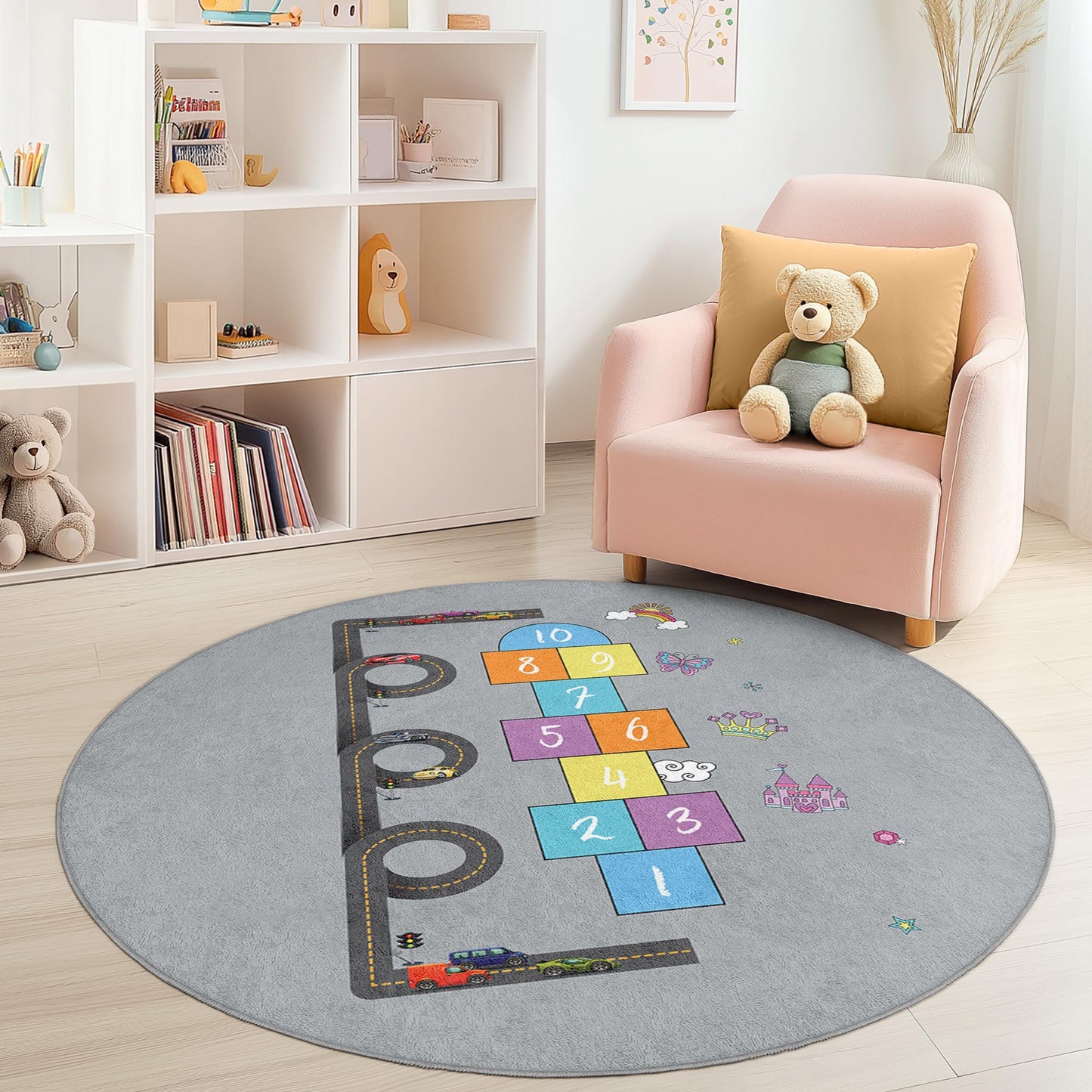 Road Map Hopscotch Round Kids Rug, Interactive Play Mat for Children, Playroom Decor, Soft Nursery Carpet, Fun Kids Room Rug