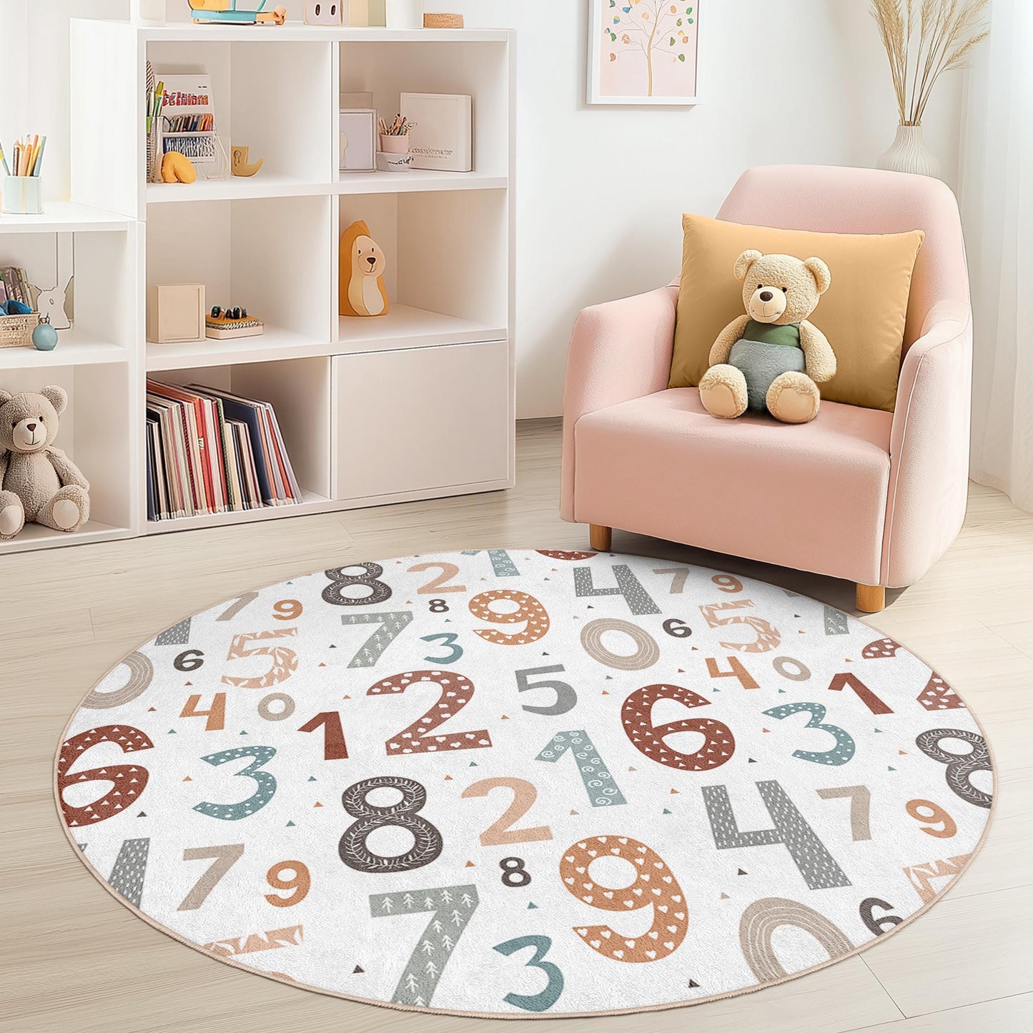 Runder Kinderteppich mit buntem Zahlenmuster, Lernteppich, weicher Kinderzimmerteppich, Kinderzimmerdeko, Lernteppich