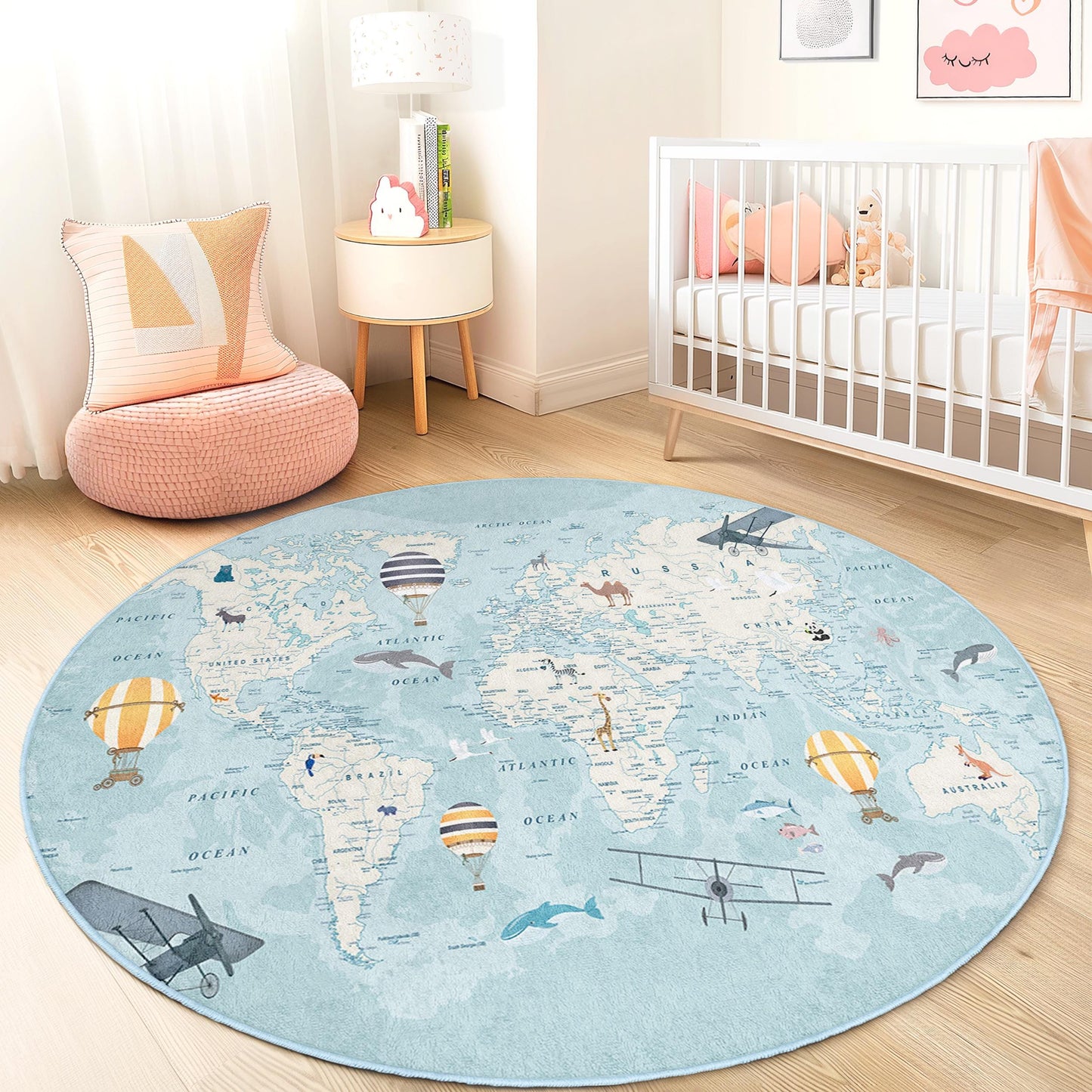Runder Kinderteppich mit Weltkartenmotiv, Spielmatte mit Reisemotiv, weicher runder Teppich fürs Kinderzimmer, pädagogische Kinderzimmerdekoration