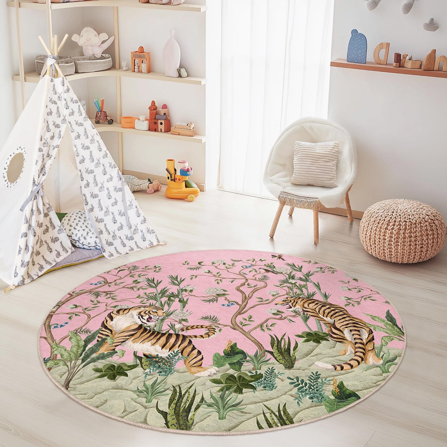 Runder Teppich mit rosa Tigerblumenmuster, Kinderzimmerdeko, Babyzimmerteppich, Spielzimmerteppich, Kinderteppich mit Tiermotiv, weiche runde Spielmatte