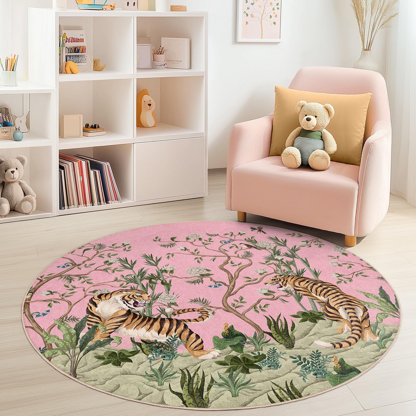 Pink Floral Tiger Round Area Rug, Kids Room Decor, Nursery Rug, Playroom Carpet, Animal Print Kids Rug, Soft Round Play Mat