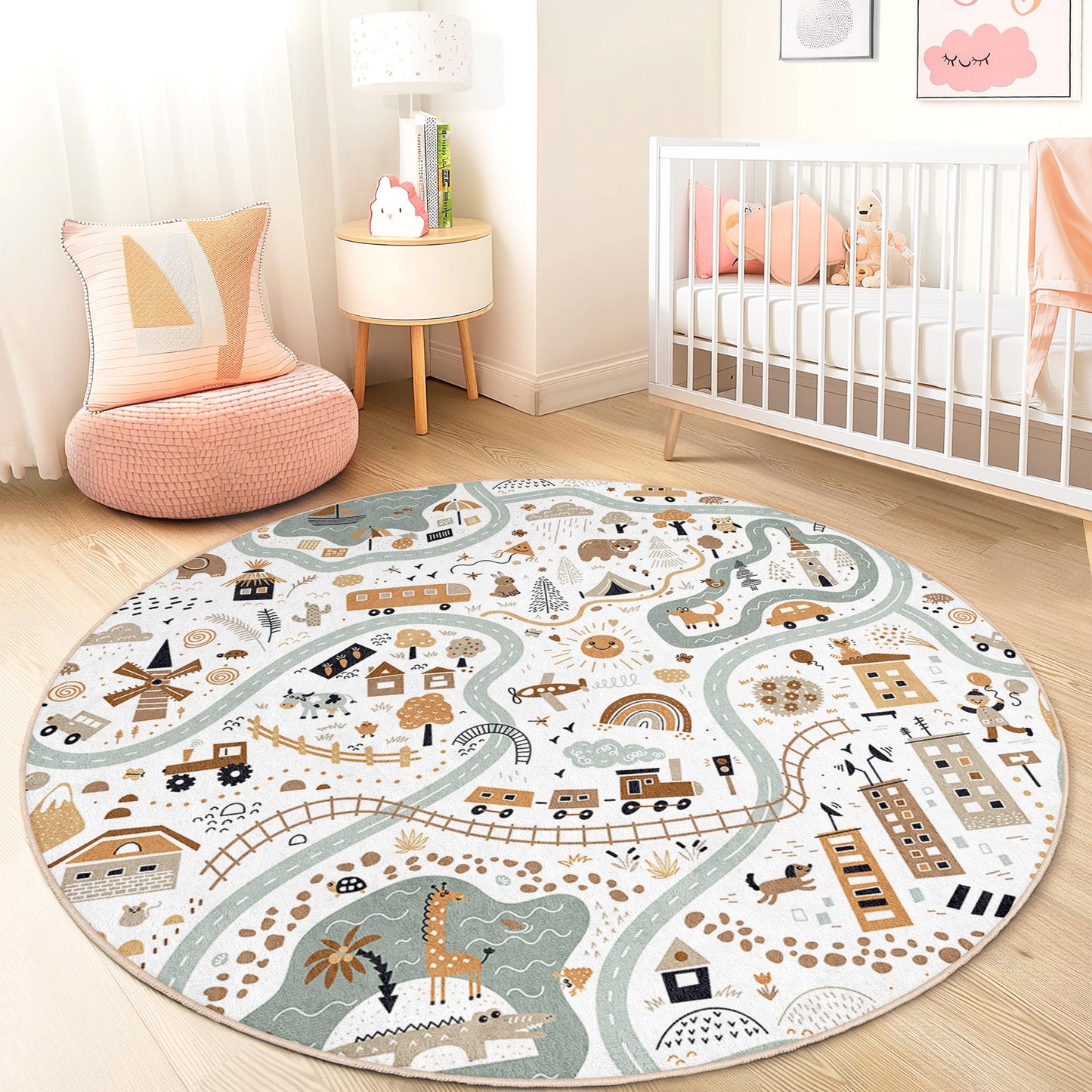 Runder Kinderteppich mit verspieltem Naturmotiv, Kartendesign, runder Teppich für Kinderzimmer, Kinderzimmerdekoration, weiche Spielmatte, Abenteuerteppich