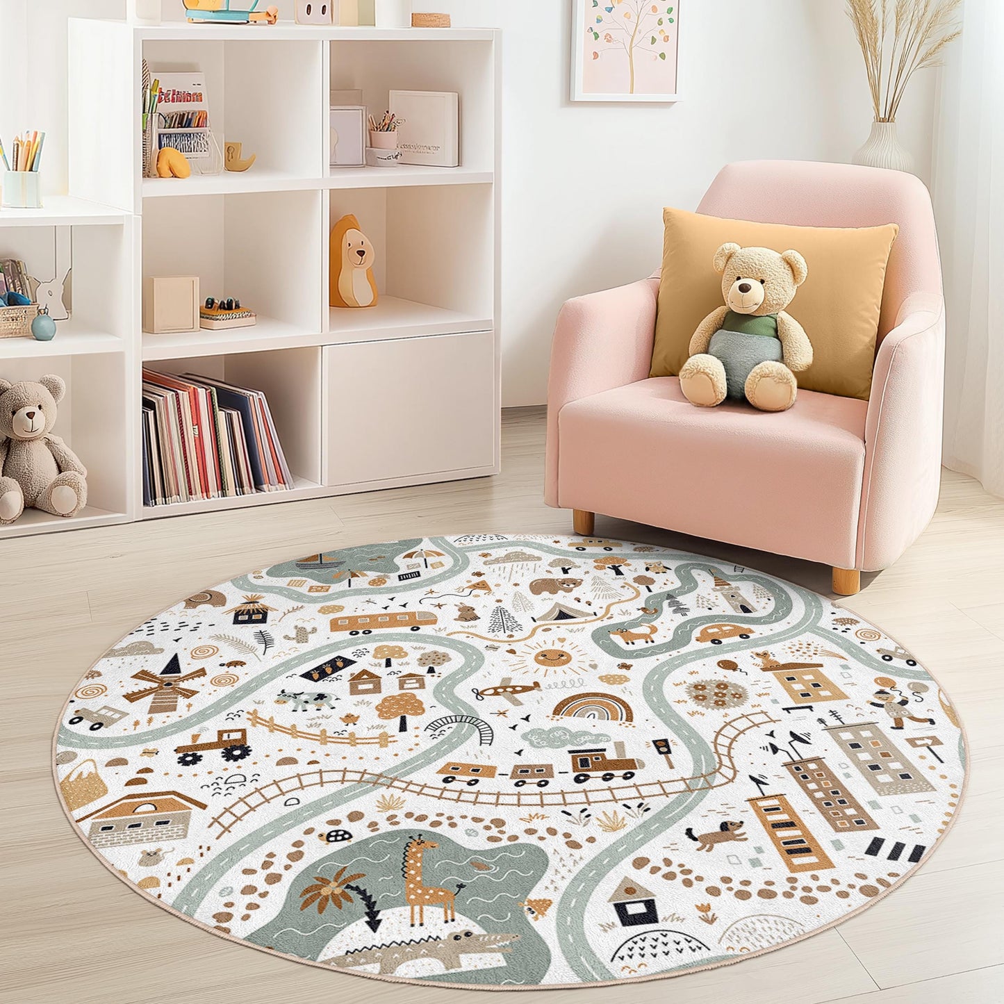 Runder Kinderteppich mit verspieltem Naturmotiv, Kartendesign, runder Teppich für Kinderzimmer, Kinderzimmerdekoration, weiche Spielmatte, Abenteuerteppich
