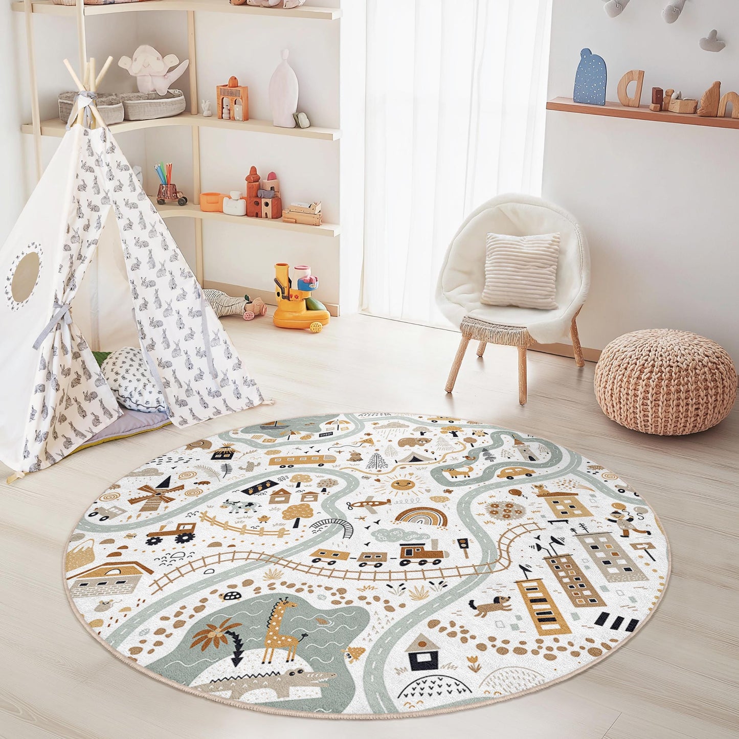 Whimsical Nature Round Kids Rug, Playful Map Design, Round Carpet for Kids Room, Nursery Decor, Soft Play Mat, Adventure Rug
