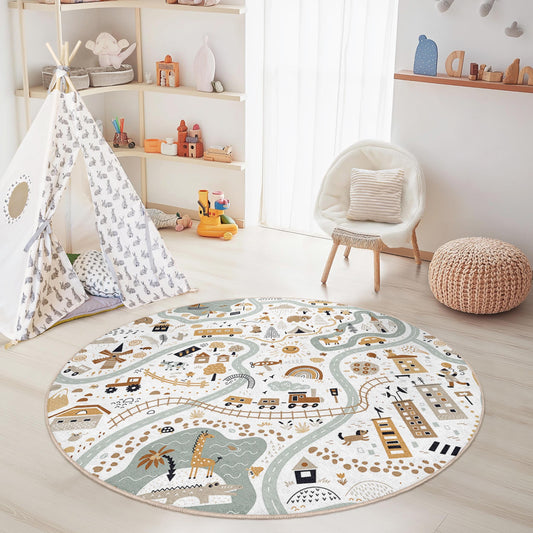 Whimsical Nature Round Kids Rug, Playful Map Design, Round Carpet for Kids Room, Nursery Decor, Soft Play Mat, Adventure Rug