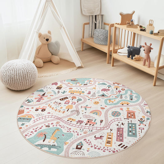 Whimsical Round Kids Play Rug, Colorful Map Design Rug, Soft Nursery Carpet, Playroom Decor, Educational Play Mat for Children