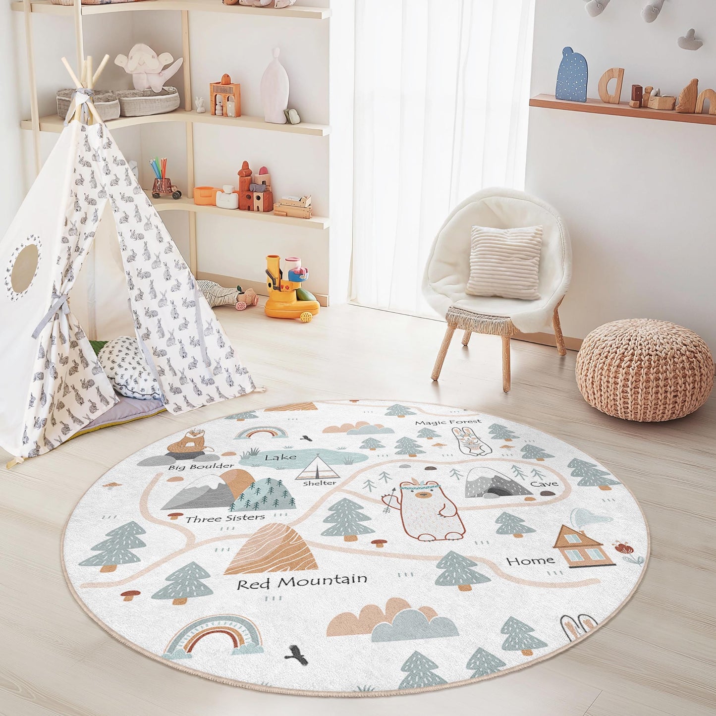 Runder Spielteppich „Zauberwald“, Abenteuerkarten-Spielteppich, runder Teppich fürs Kinderzimmer, Kinderzimmerdeko, interaktive Spielmatte