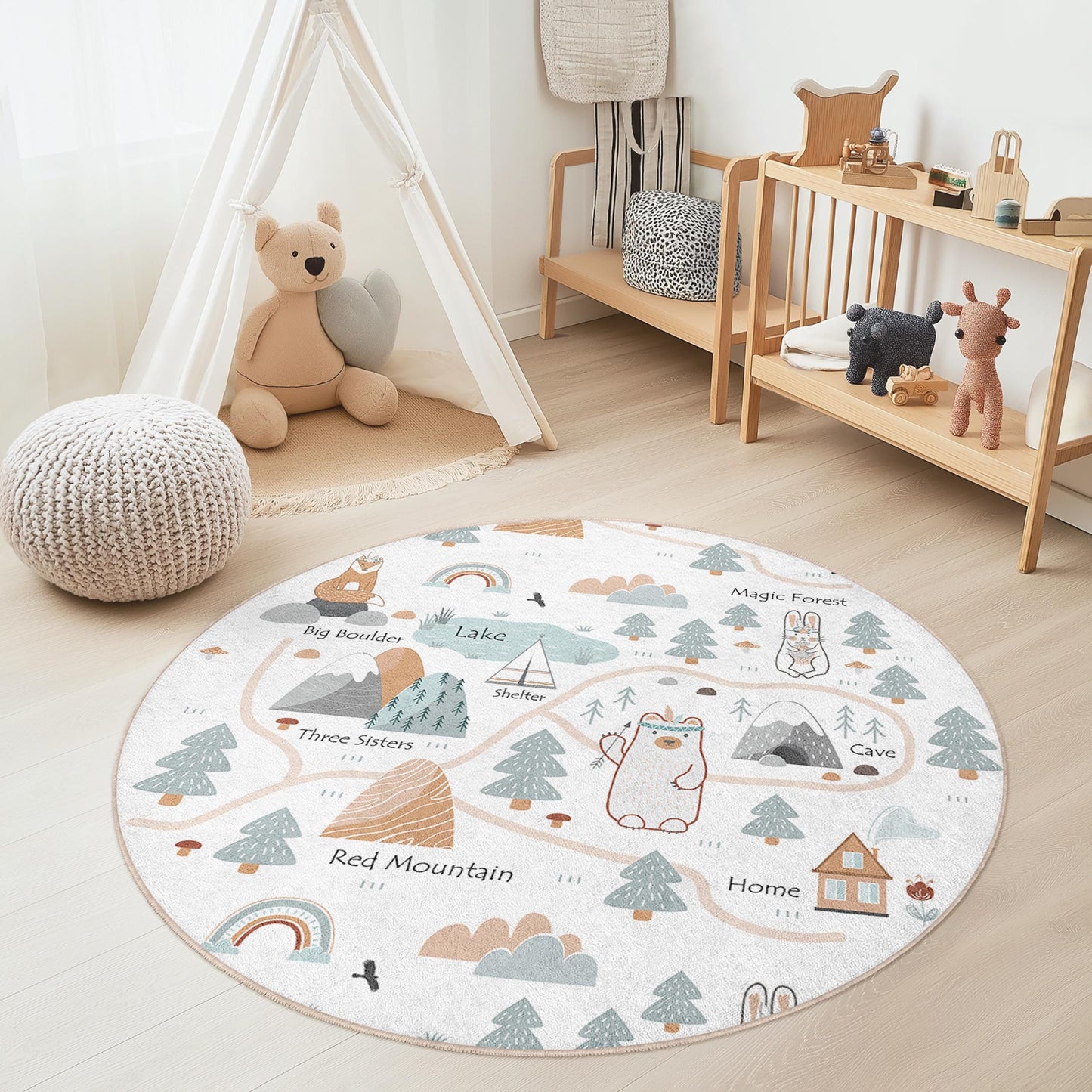 Runder Spielteppich „Zauberwald“, Abenteuerkarten-Spielteppich, runder Teppich fürs Kinderzimmer, Kinderzimmerdeko, interaktive Spielmatte