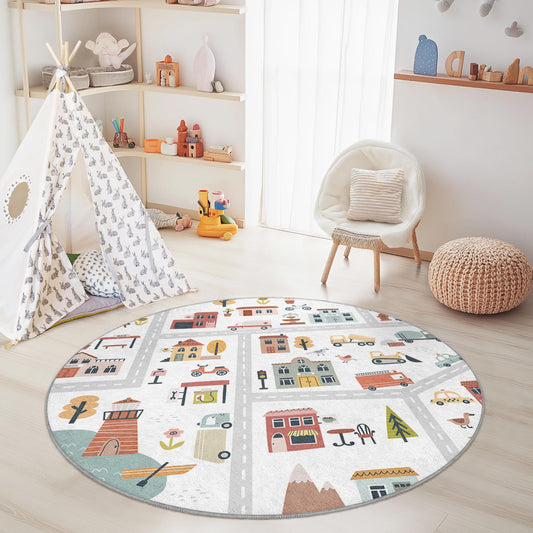 Whimsical City Map Round Kids Play Rug, Colorful Round Carpet for Kids Room, Interactive Play Mat for Toddler Fun