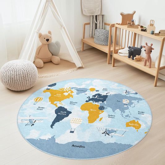 World Map Round Kids Play Rug, Colorful Educational Area Rug, Kids Room Decor, Playroom Carpet, Nursery Floor Mat, Travel Theme Rug