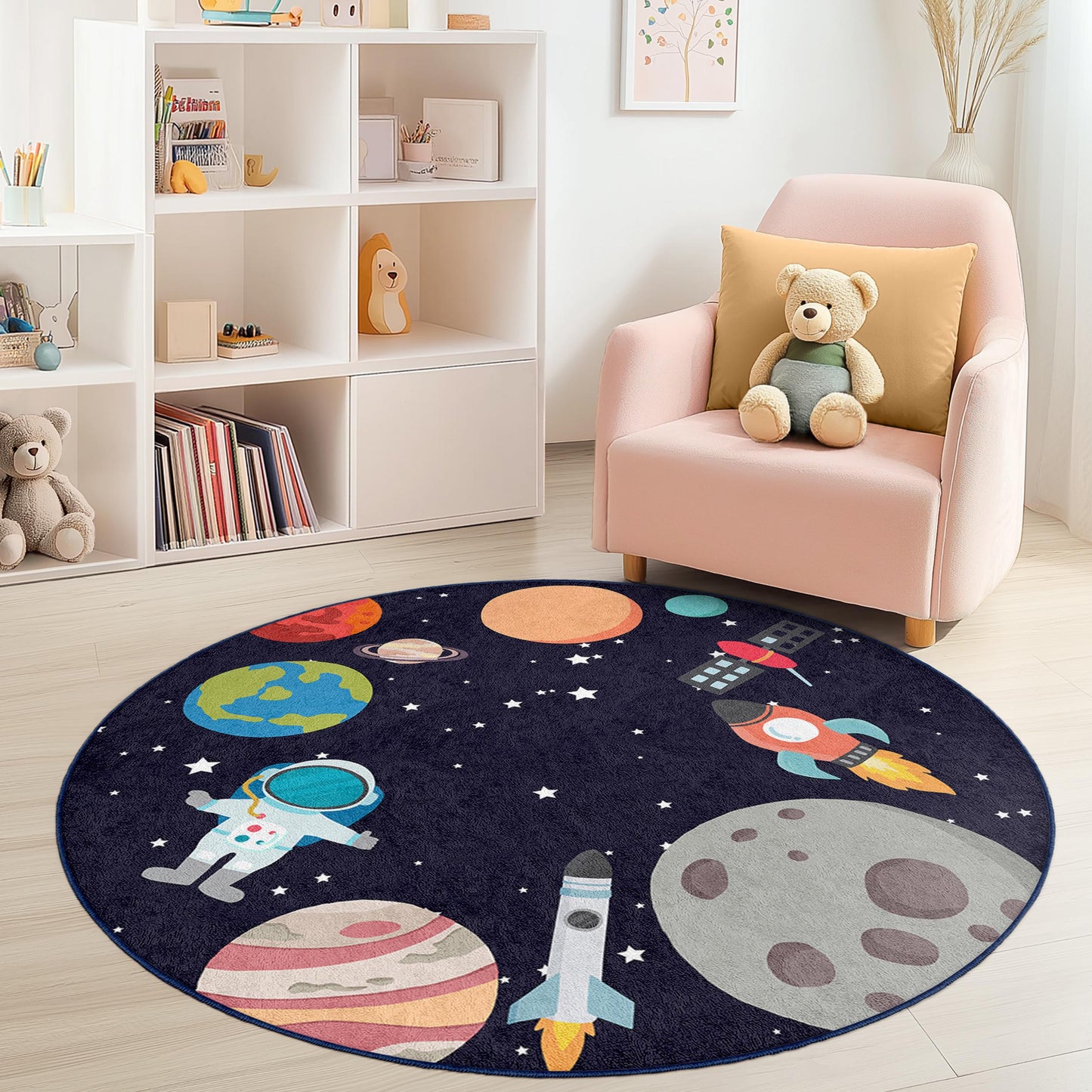 Runder Spielteppich „Weltraumabenteuer“ für Kinder, Astronauten- und Planeten-Teppich, weiche Kinderzimmerdekoration, kosmische Spielmatte fürs Kinderzimmer