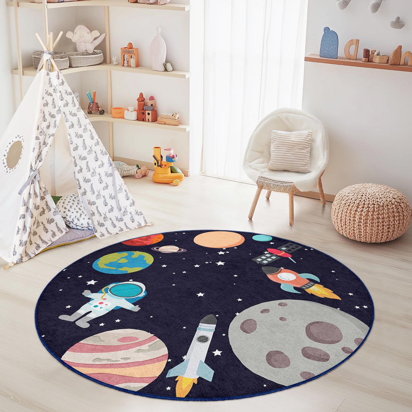 Runder Spielteppich „Weltraumabenteuer“ für Kinder, Astronauten- und Planeten-Teppich, weiche Kinderzimmerdekoration, kosmische Spielmatte fürs Kinderzimmer