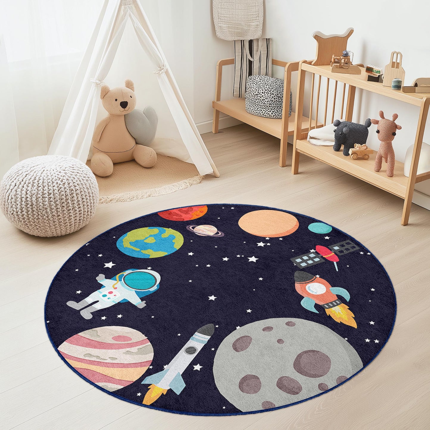Runder Spielteppich „Weltraumabenteuer“ für Kinder, Astronauten- und Planeten-Teppich, weiche Kinderzimmerdekoration, kosmische Spielmatte fürs Kinderzimmer