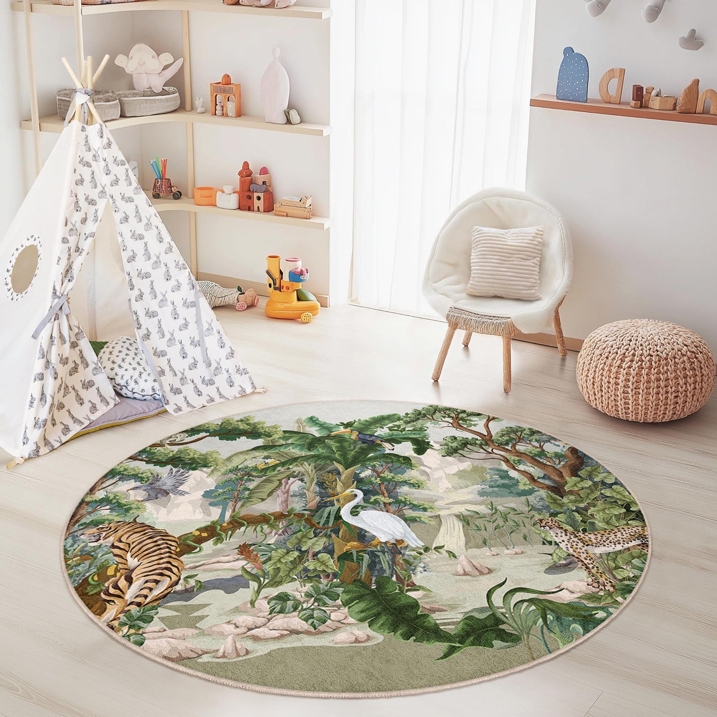 Runder Dschungel-Spielteppich für Kinder, Spielmatte mit Tiermotiven, Kinderzimmerdeko, Babyzimmerteppich, weicher Dschungelteppich