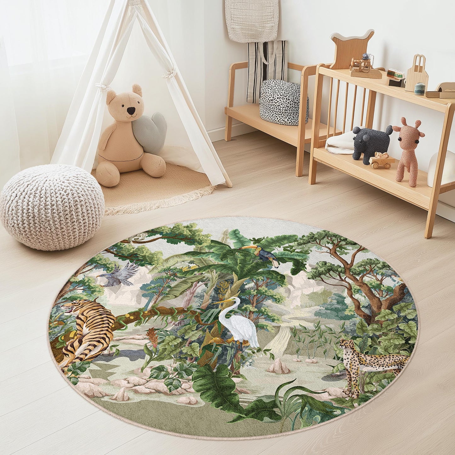 Runder Dschungel-Spielteppich für Kinder, Spielmatte mit Tiermotiven, Kinderzimmerdeko, Babyzimmerteppich, weicher Dschungelteppich