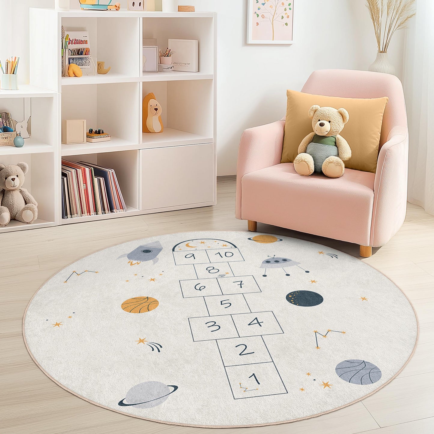 Runder Spielteppich mit Weltraummotiv, Hüpfspiel-Spielmatte, lustige Kinderzimmerdeko, interaktiver Teppich fürs Kinderzimmer, weicher Teppich für den Spielbereich