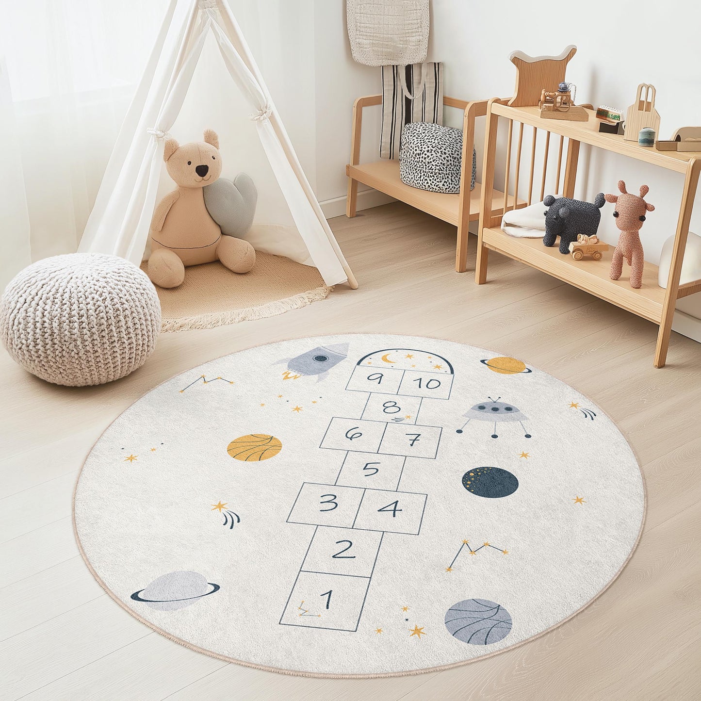 Runder Spielteppich mit Weltraummotiv, Hüpfspiel-Spielmatte, lustige Kinderzimmerdeko, interaktiver Teppich fürs Kinderzimmer, weicher Teppich für den Spielbereich