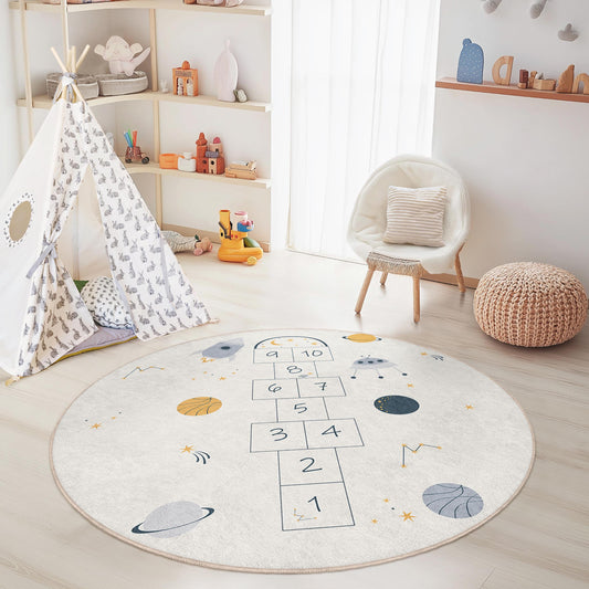 Space-Themed Round Kids Play Rug, Hopscotch Design Play Mat, Fun Kids Room Decor, Interactive Nursery Rug, Soft Play Area Carpet
