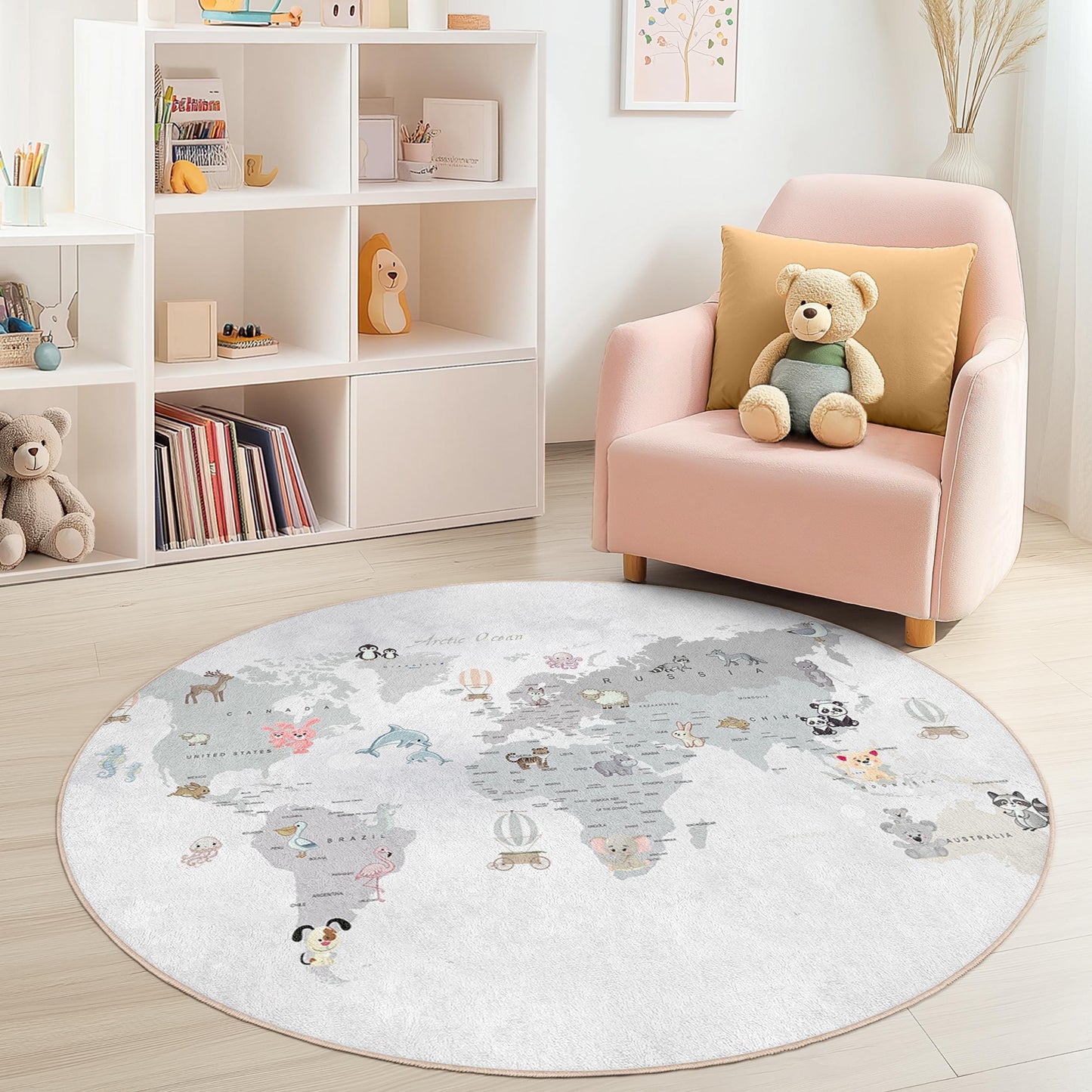 Runder Teppich mit niedlicher Tierweltkarte, Kinderzimmerdeko, Spielteppich fürs Babyzimmer, weiche Spielmatte für Kinder, Lernteppich für Kinder