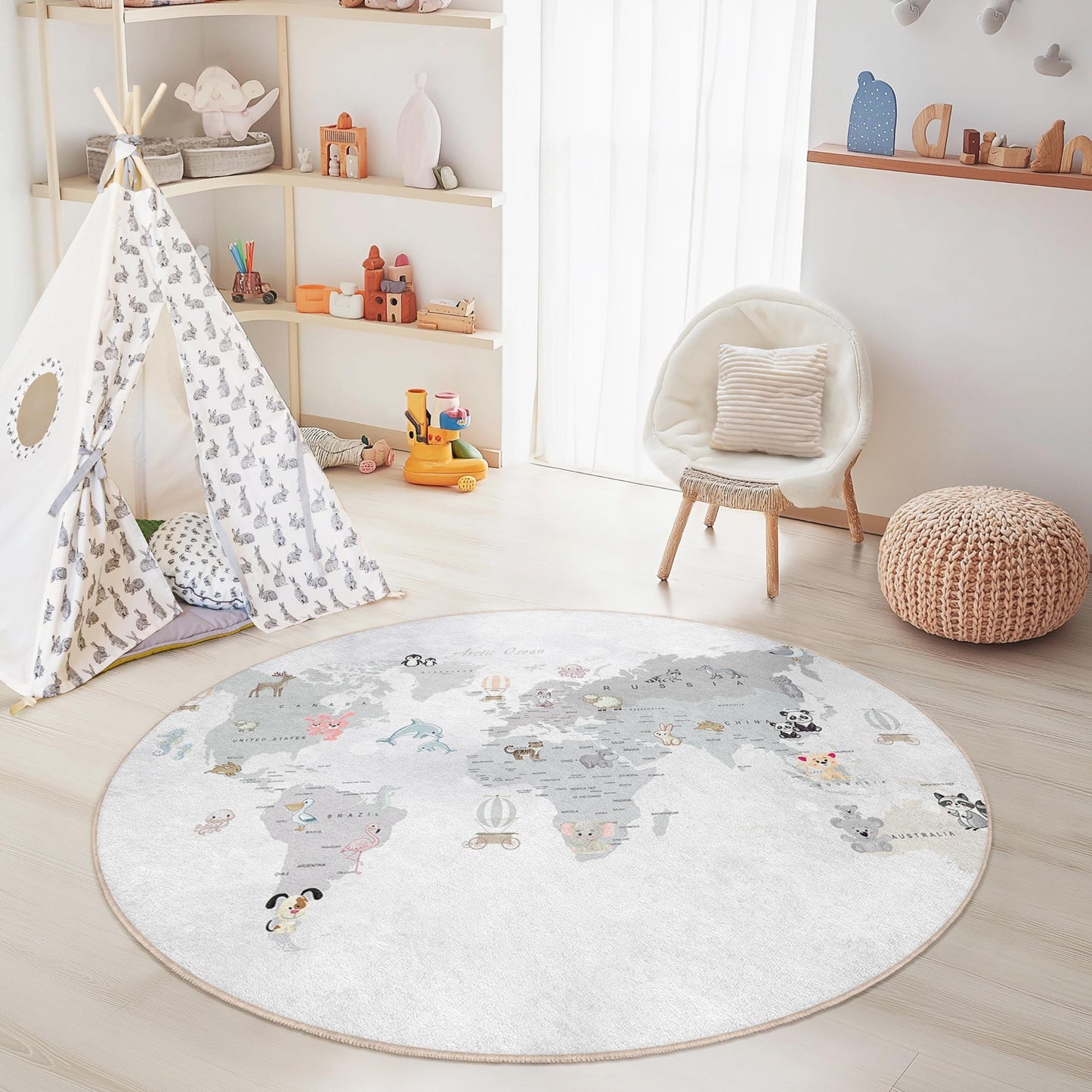 Runder Teppich mit niedlicher Tierweltkarte, Kinderzimmerdeko, Spielteppich fürs Babyzimmer, weiche Spielmatte für Kinder, Lernteppich für Kinder