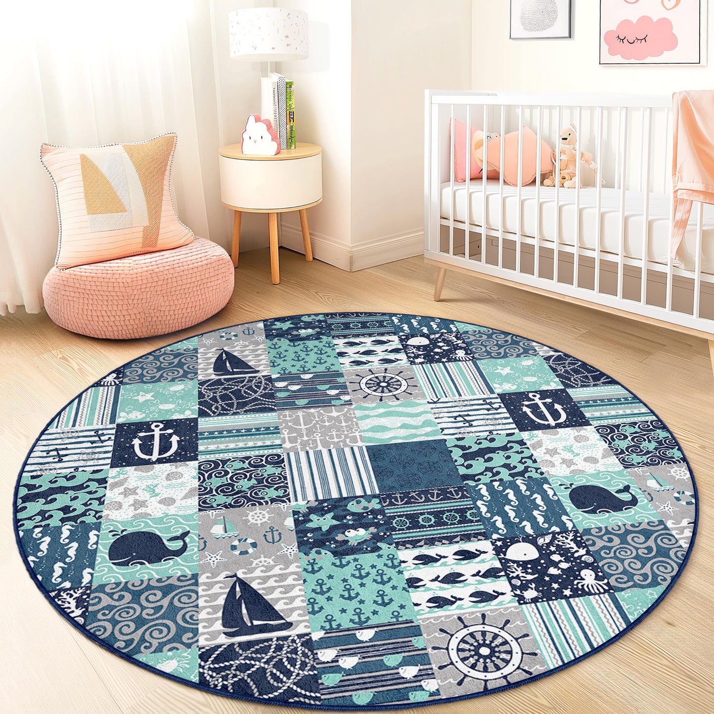 Runder Kinderteppich mit maritimen Motiven, Spielmatte mit Meeresmotiven, Teppich mit Ozeanmuster fürs Kinderzimmer, Kinderzimmerdeko, Teppich im Küstenstil