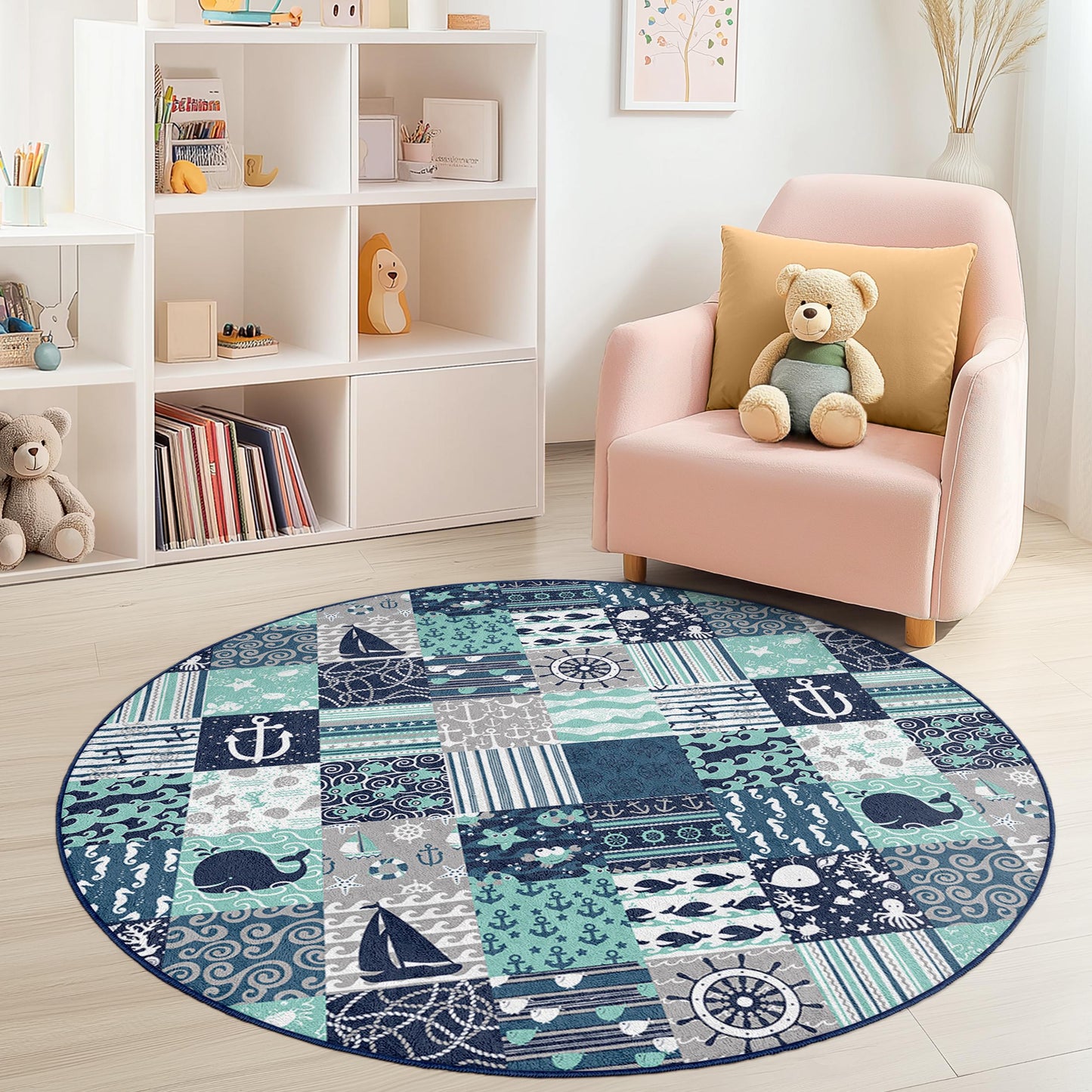 Nautical Adventure Round Kids Rug, Sea Theme Play Mat, Ocean Pattern Rug for Nursery, Kids Room Decor, Coastal Nursery Rug