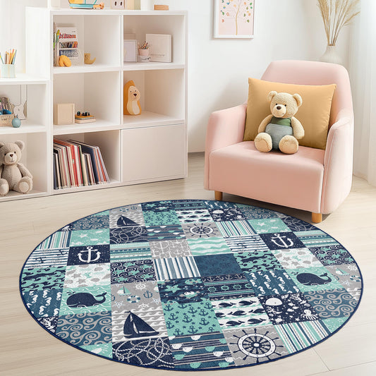 Nautical Adventure Round Kids Rug, Sea Theme Play Mat, Ocean Pattern Rug for Nursery, Kids Room Decor, Coastal Nursery Rug