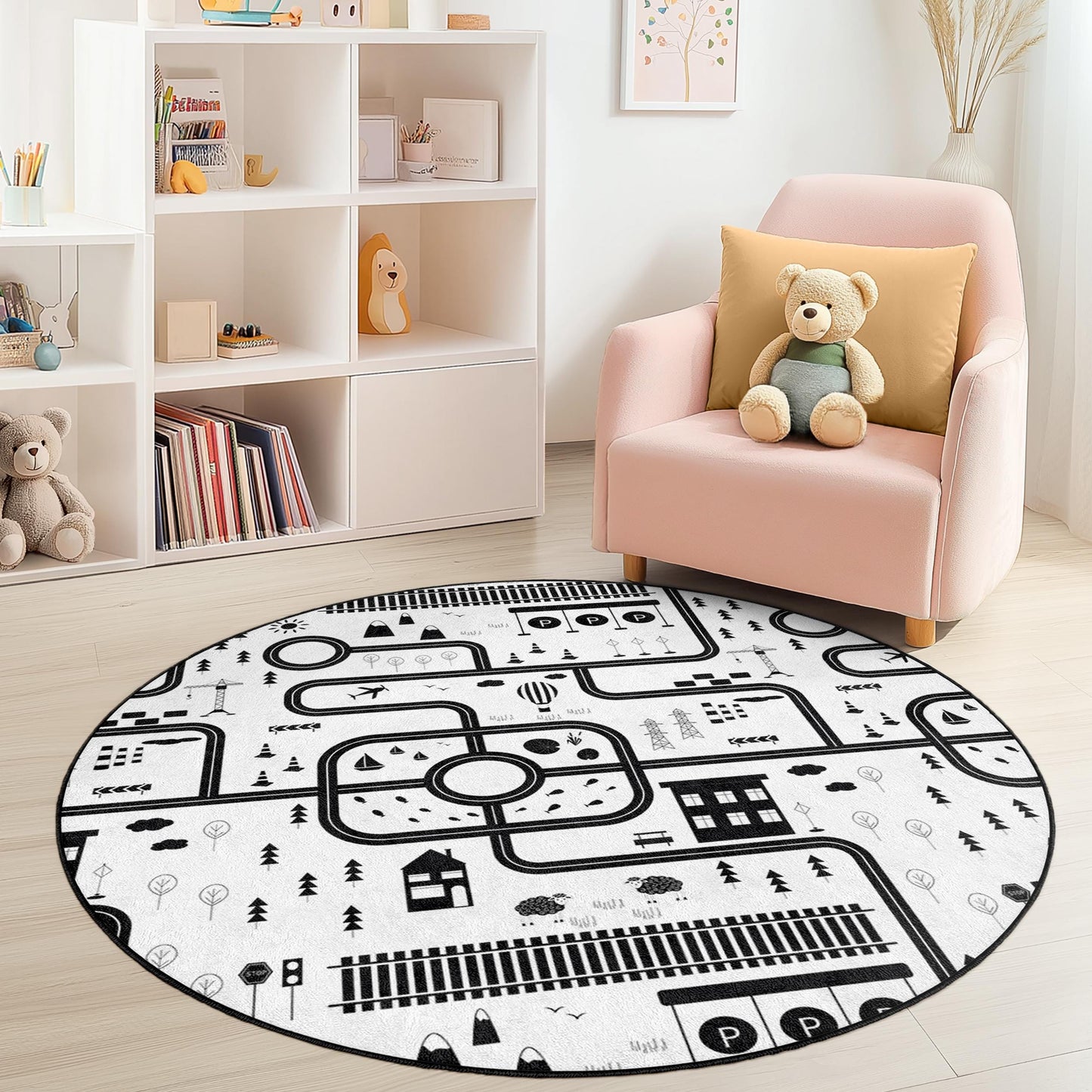 Runder Kinderteppich mit schwarz-weißem Straßenkartenmuster, interaktive Spielmatte für Spielzimmer und Kinderzimmer, weicher und gemütlicher Spielbereich