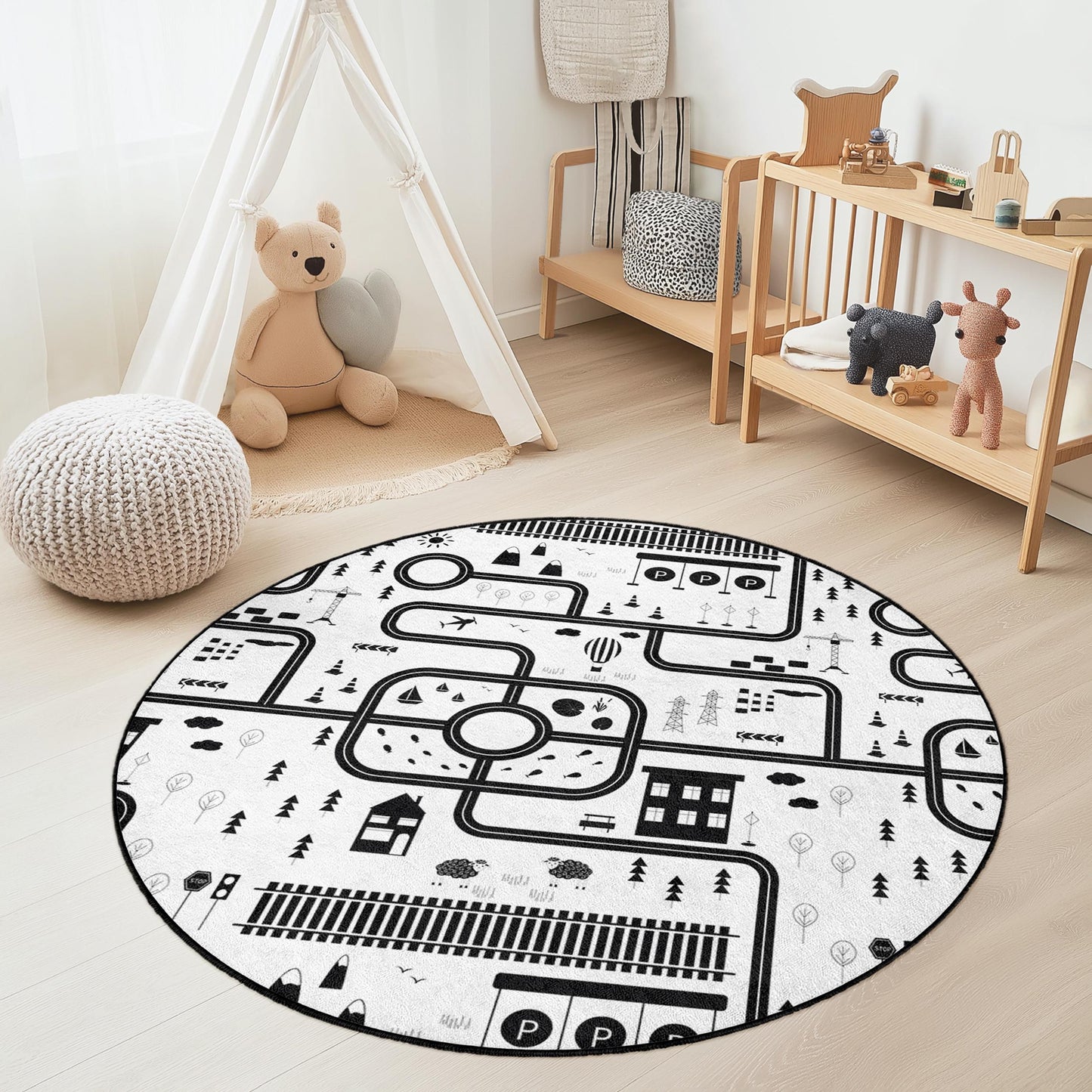 Runder Kinderteppich mit schwarz-weißem Straßenkartenmuster, interaktive Spielmatte für Spielzimmer und Kinderzimmer, weicher und gemütlicher Spielbereich