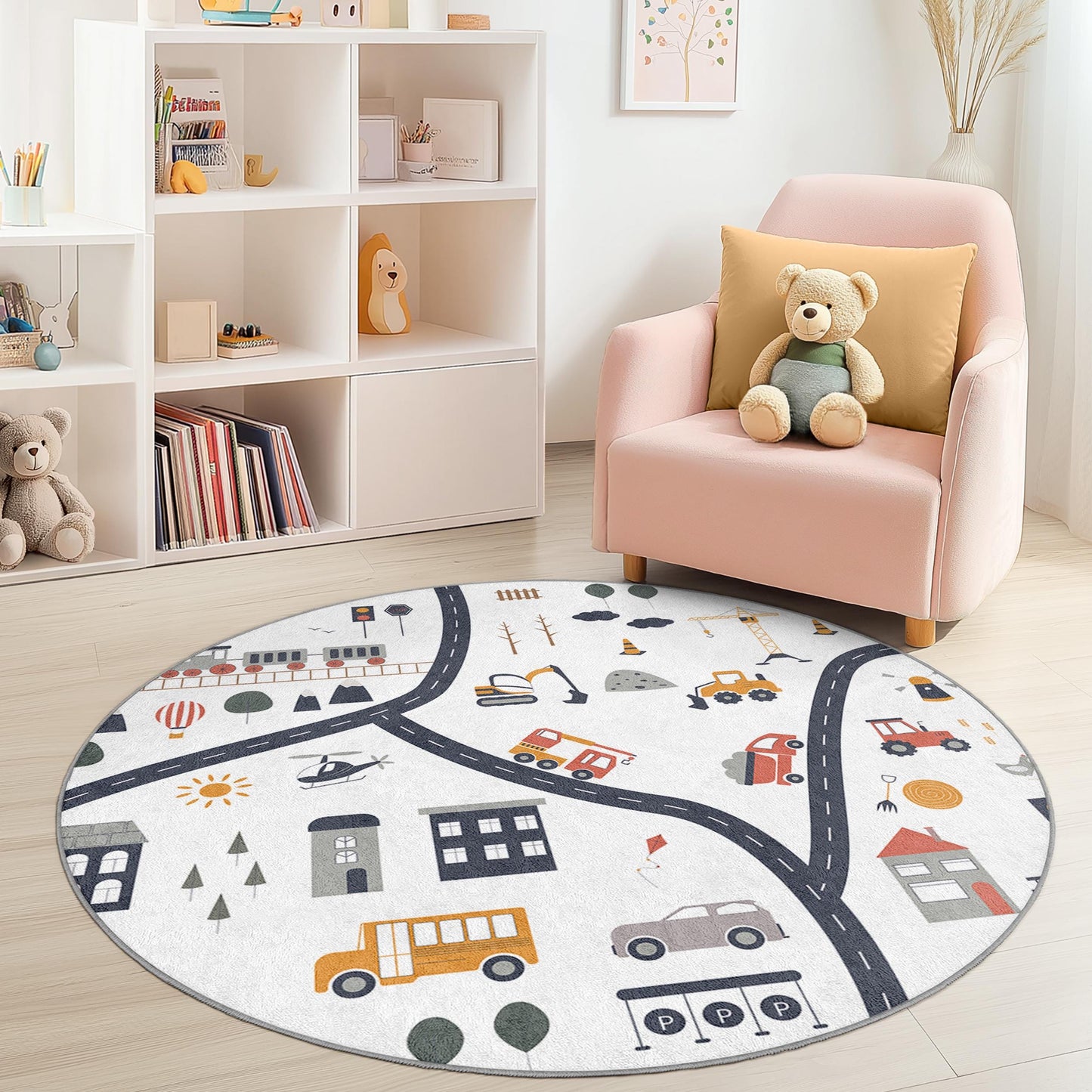 Verspielter runder Kinderteppich, bunte Spielmatte mit Straßenkarte, weicher Kinderzimmerteppich, interaktiver runder Teppich, Kinderzimmerdekoration