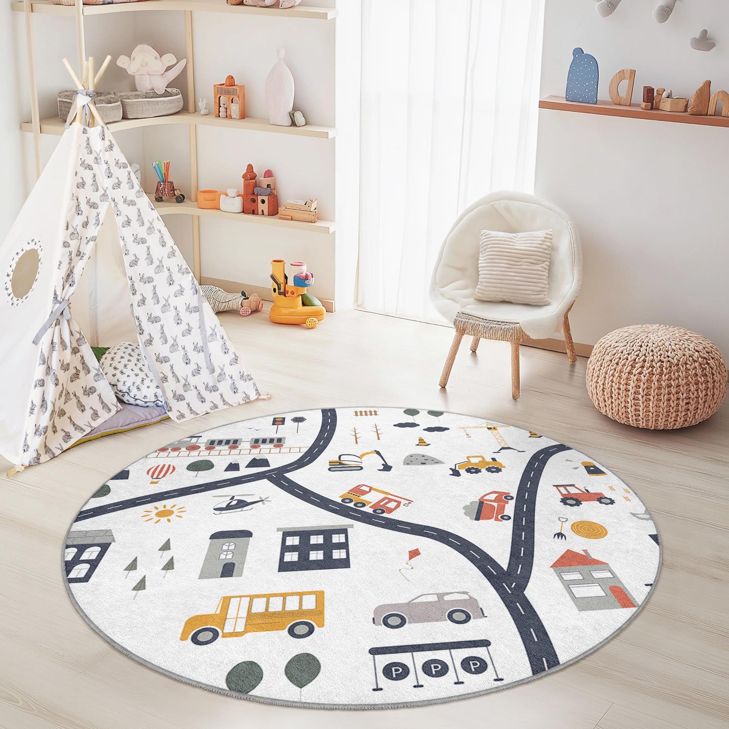 Verspielter runder Kinderteppich, bunte Spielmatte mit Straßenkarte, weicher Kinderzimmerteppich, interaktiver runder Teppich, Kinderzimmerdekoration