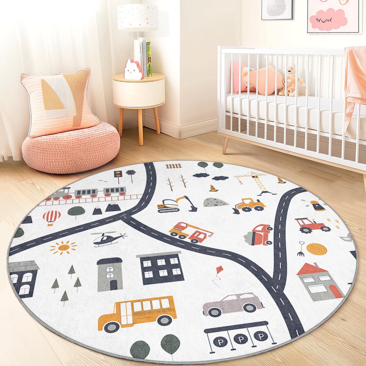 Verspielter runder Kinderteppich, bunte Spielmatte mit Straßenkarte, weicher Kinderzimmerteppich, interaktiver runder Teppich, Kinderzimmerdekoration